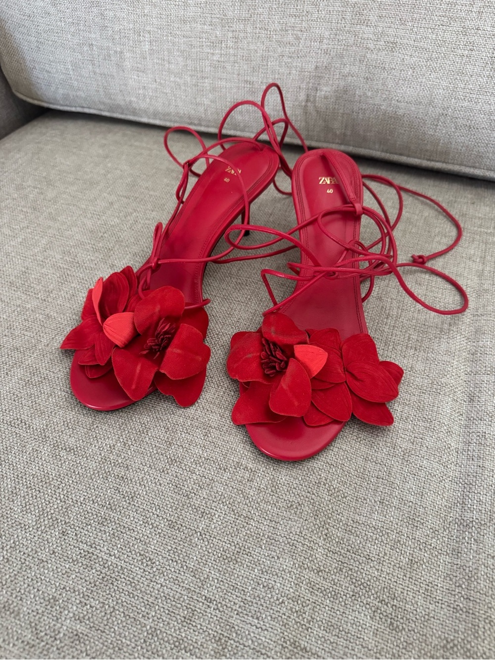 Zara Red Floral Lace-Up Heeled Leather Sandals